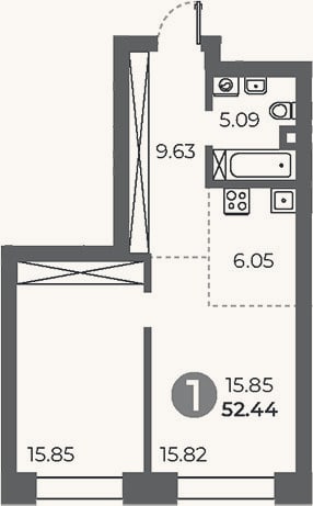 Планировка: 1-к, 52,4 м²