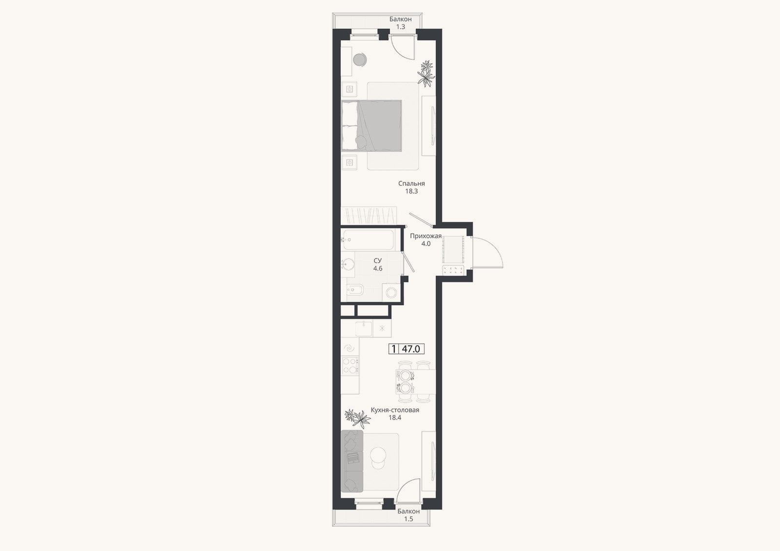 Планировка: 2-к, 46,2 м²