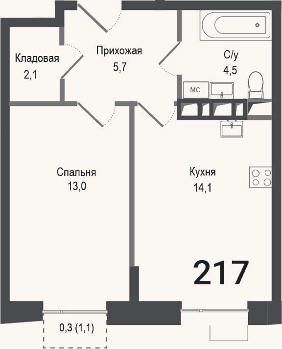 Планировка: 1-к, 39,4 м²