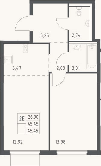 Планировка: 2-к, 45,5 м²