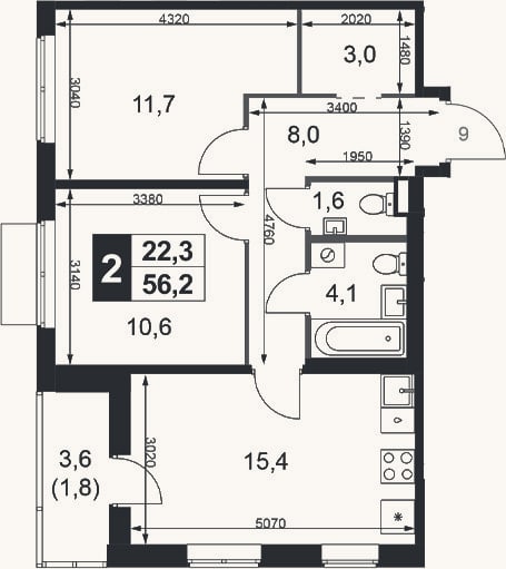 Планировка: 3-к, 54,4 м²