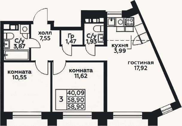 Планировка: 3-к, 58,9 м²