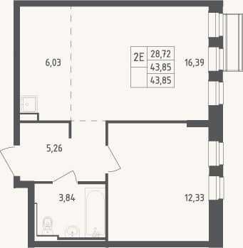 Планировка: 2-к, 43,9 м²
