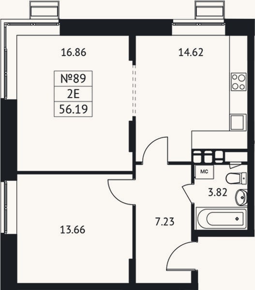 Планировка: 2-к, 56,2 м²