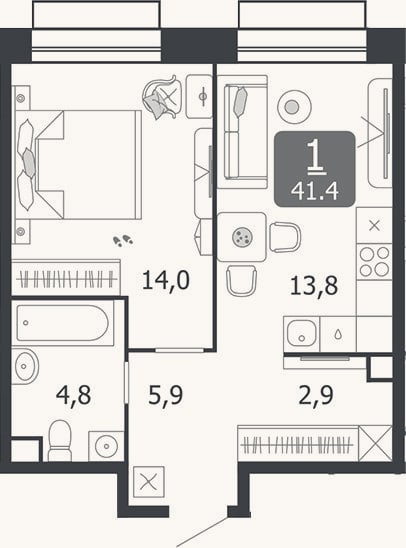 Планировка: 1-к, 41,4 м²
