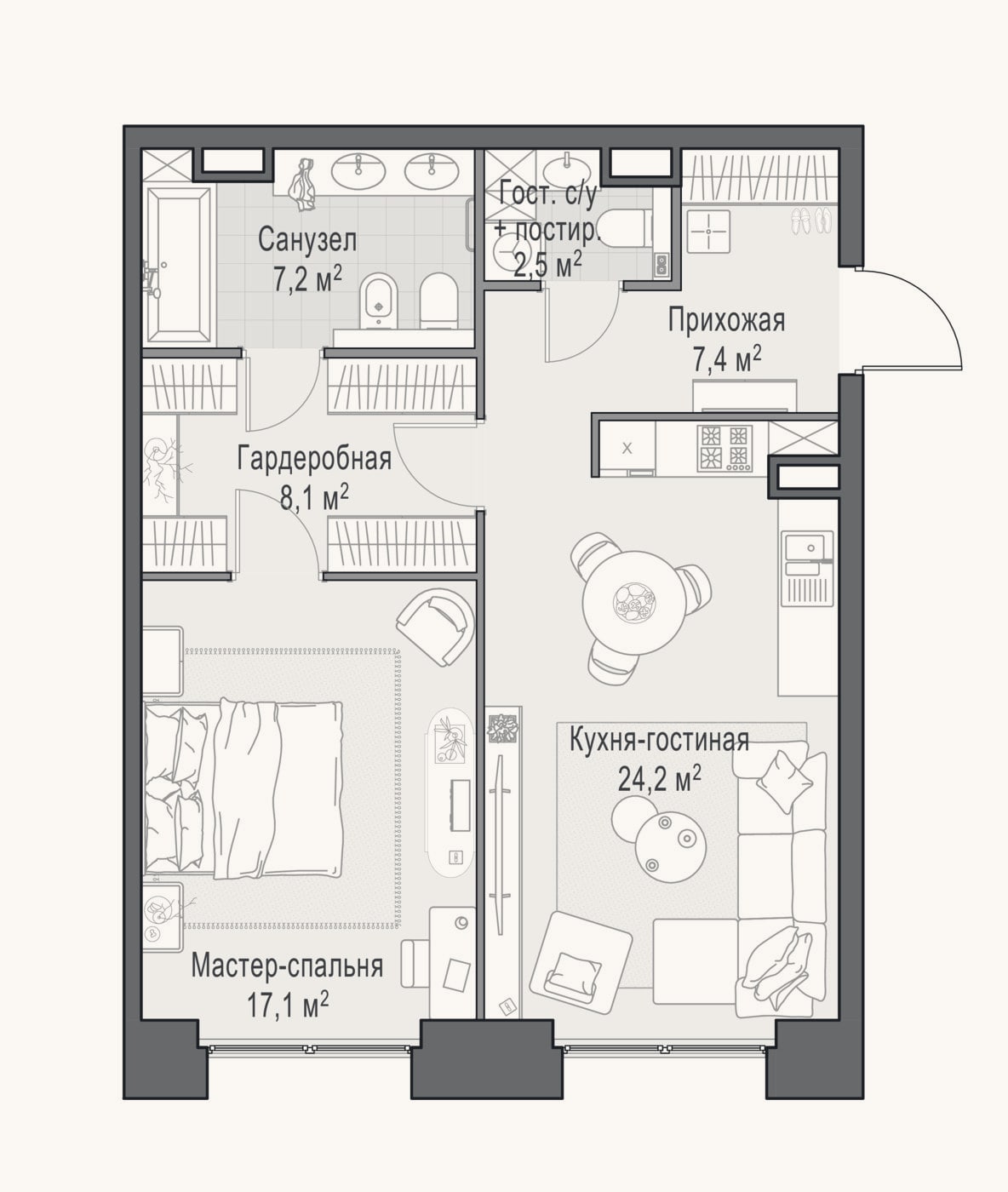 Планировка: 2-к, 67,1 м²
