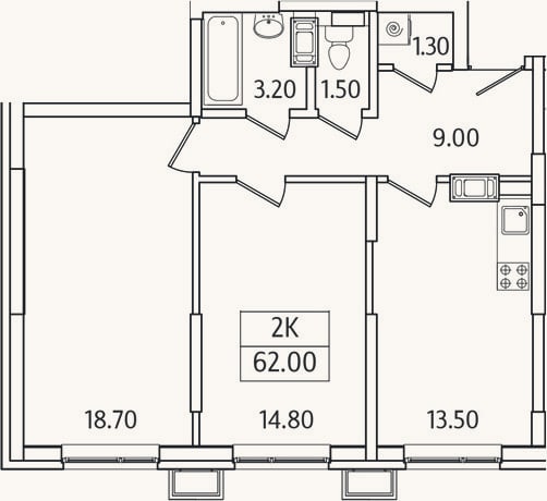 Планировка: 2-к, 62 м²