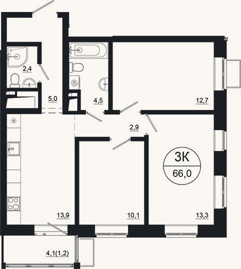 Планировка: 3-к, 64,8 м²