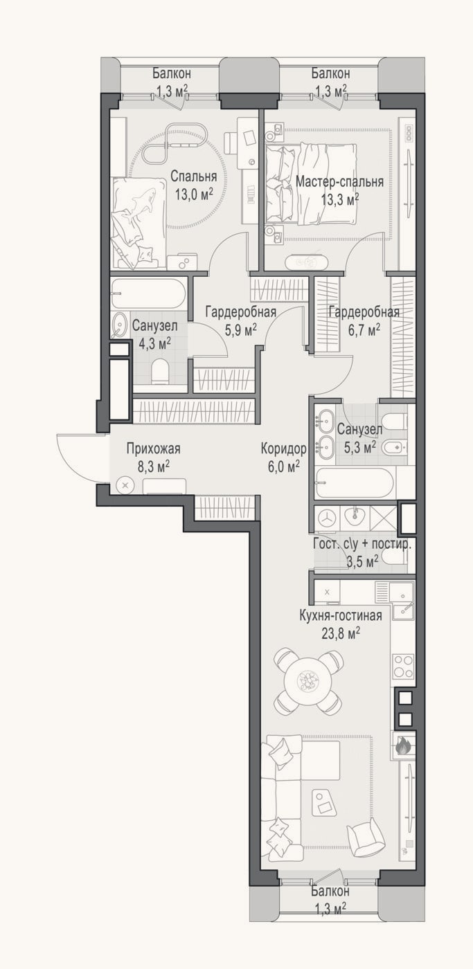 Планировка: 3-к, 89,9 м²