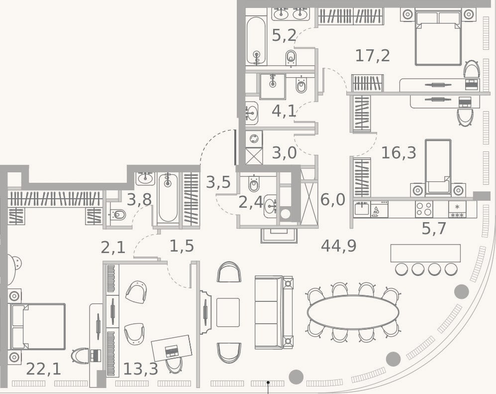 Планировка: 4+ к, 151,1 м²