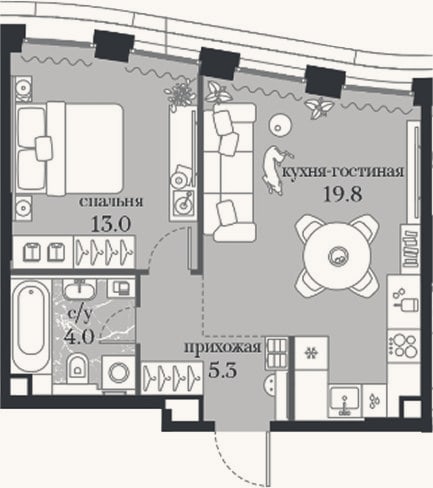 Планировка: 1-к, 42,1 м²