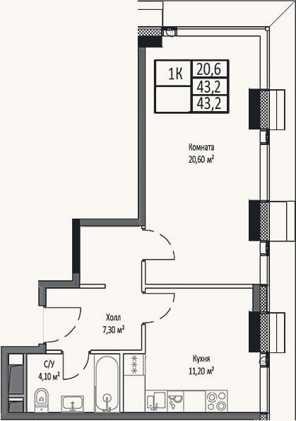 Планировка: 1-к, 43,2 м²