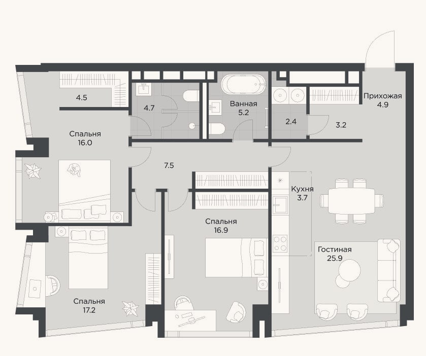Планировка: 4+ к, 108,6 м²