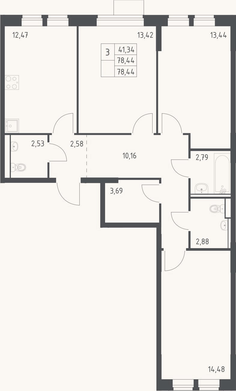 Планировка: 3-к, 78,4 м²