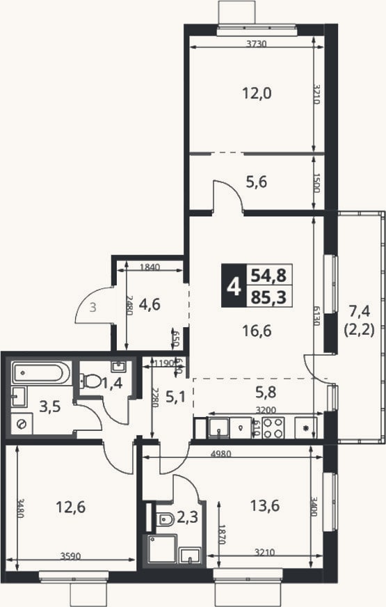 Планировка: 4+ к, 84,7 м²