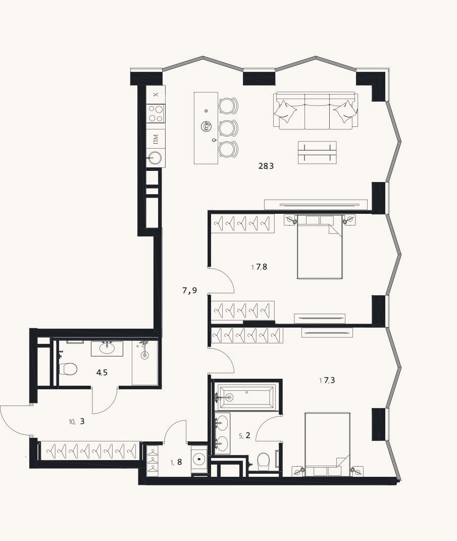 Планировка: 3-к, 93,1 м²