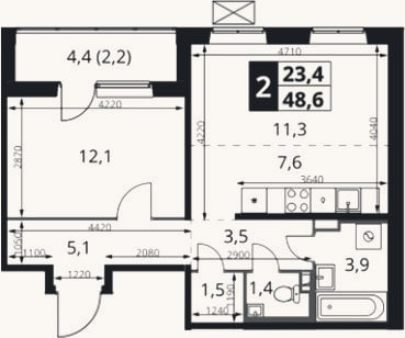 Планировка: 2-к, 46,4 м²