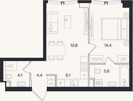 Планировка: 2-к, 48,4 м²