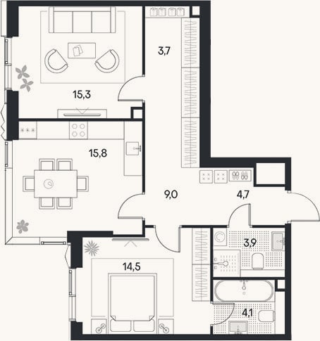 Планировка: 2-к, 71 м²