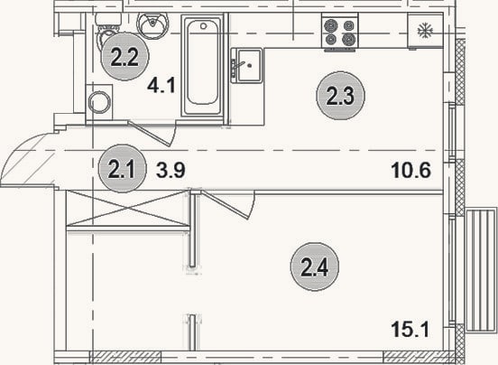 Планировка: 1-к, 33,7 м²