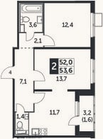 Планировка: 2-к, 52 м²