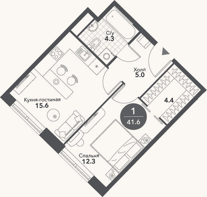 Планировка: 2-к, 41,6 м²