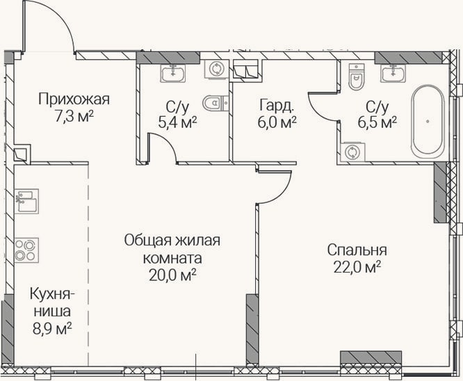 Планировка: 2-к, 76,1 м²