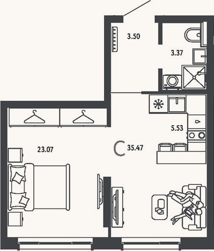 Планировка: Студия, 35,5 м²