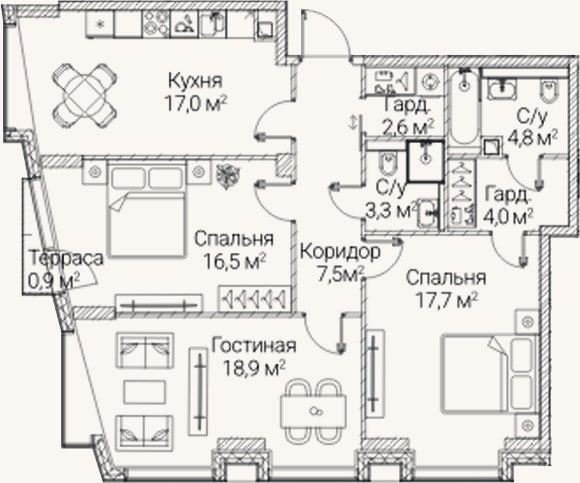 Планировка: 3-к, 92,3 м²