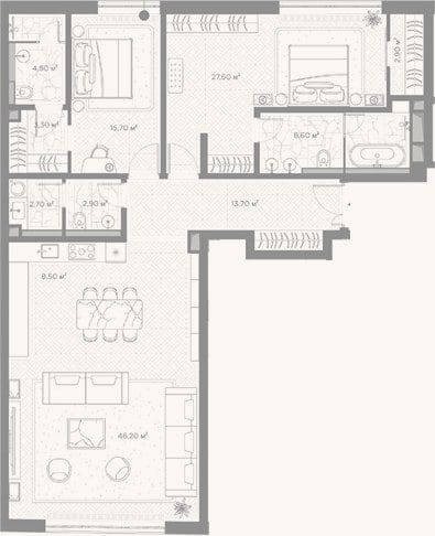 Планировка: 2-к, 136,9 м²