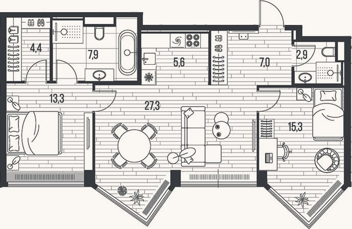 Планировка: 3-к, 83,7 м²