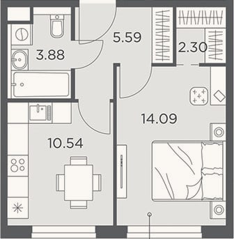 Планировка: 1-к, 36,4 м²