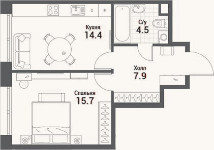 Планировка: 1-к, 42,5 м²