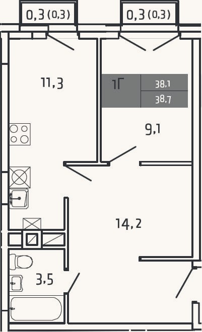 Планировка: 1-к, 38,1 м²