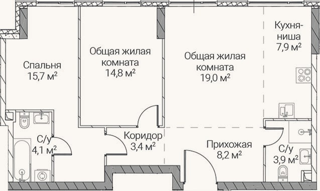 Планировка: 3-к, 77 м²