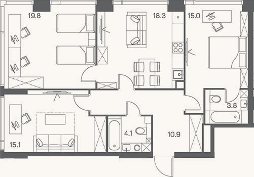 Планировка: 4+ к, 87 м²