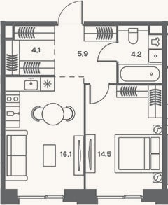 Планировка: 2-к, 44,8 м²