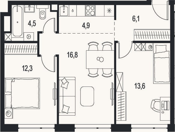 Планировка: 3-к, 58,2 м²