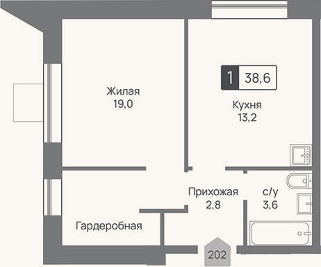 Планировка: 1-к, 38,6 м²