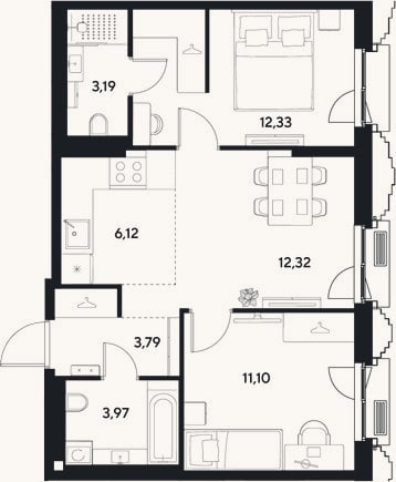 Планировка: 3-к, 52,8 м²