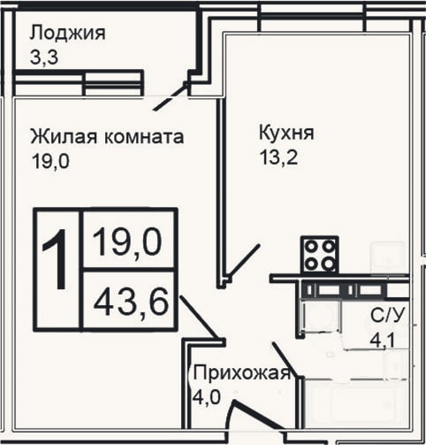 Планировка: 1-к, 40,3 м²