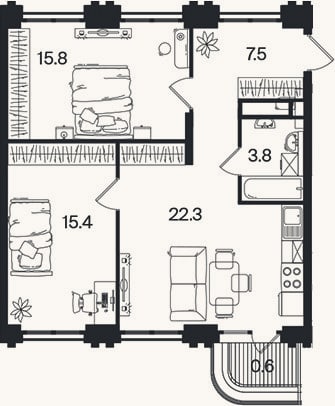 Планировка: 3-к, 64,8 м²