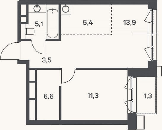 Планировка: 2-к, 45,8 м²