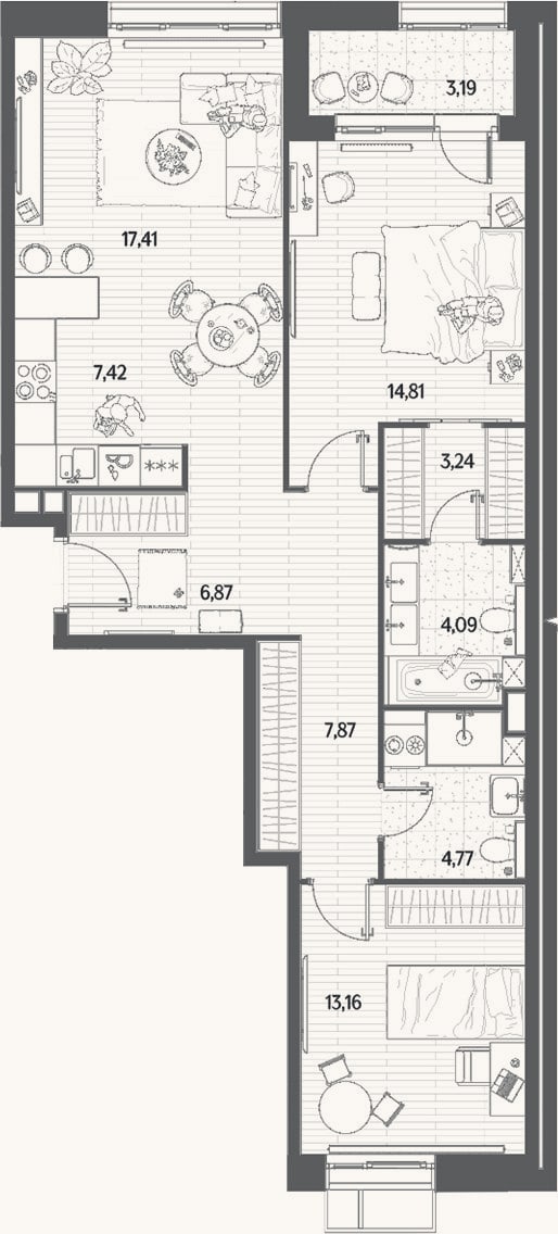 Планировка: 3-к, 79,6 м²