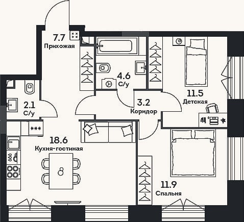 Планировка: 3-к, 59,6 м²