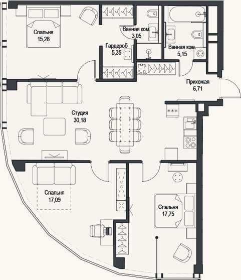 Планировка: 4+ к, 100,6 м²