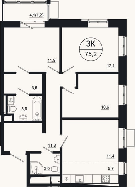 Планировка: 4+ к, 74 м²