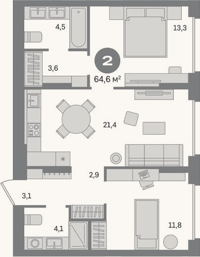 Планировка: 2-к, 64,6 м²