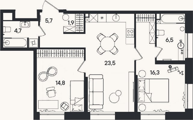 Планировка: 3-к, 73,4 м²