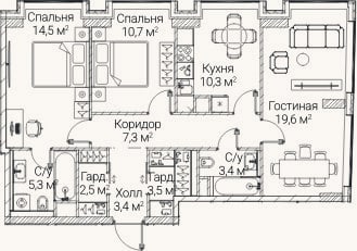 Планировка: 3-к, 80,4 м²